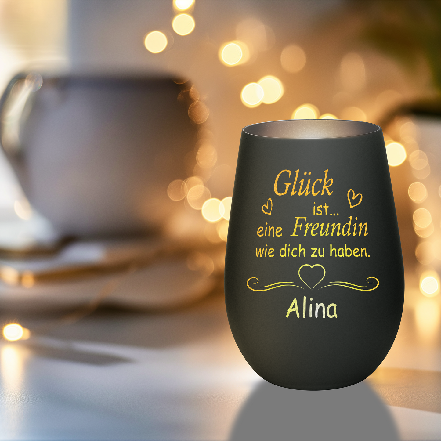 Hochwertiges Glas Windlicht mit Gravur "GLÜCK IST EINE FREUNDIN WIE DICH ZU HABEN" mit Wunschname in der Farbe Schwarz/Silber