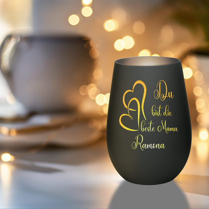 Hochwertiges Glas Windlicht mit Gravur "DU BIST DIE BESTE MAMA" mit Wunschname in der Farbe Schwarz/Silber