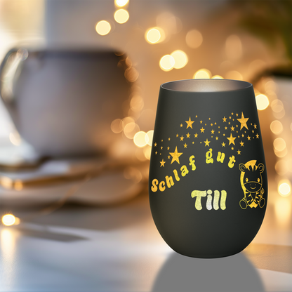 Hochwertiges Glas Windlicht für Kinder mit Gravur "SCHLAF GUT" Motiv Zebra mit Wunschname in der Farbe Schwarz/Silber