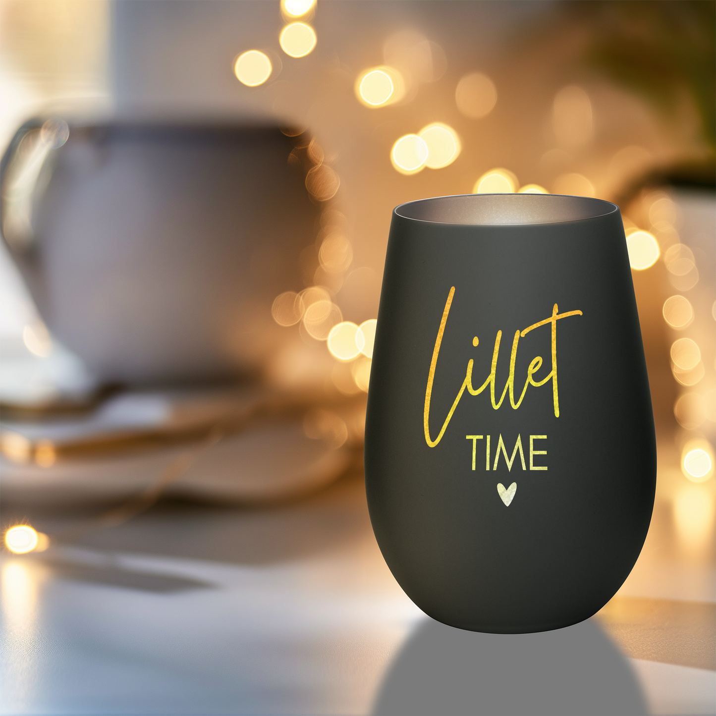Hochwertiges Glas Windlicht mit Gravur "LILLET TIME" in der Farbe Schwarz/Silber
