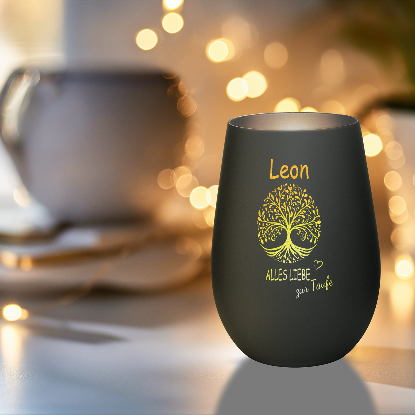 Hochwertiges Glas Windlicht mit Gravur "ALLES LIEBE ZUR TAUFE" mit Wunschname in der Farbe Schwarz/Silber