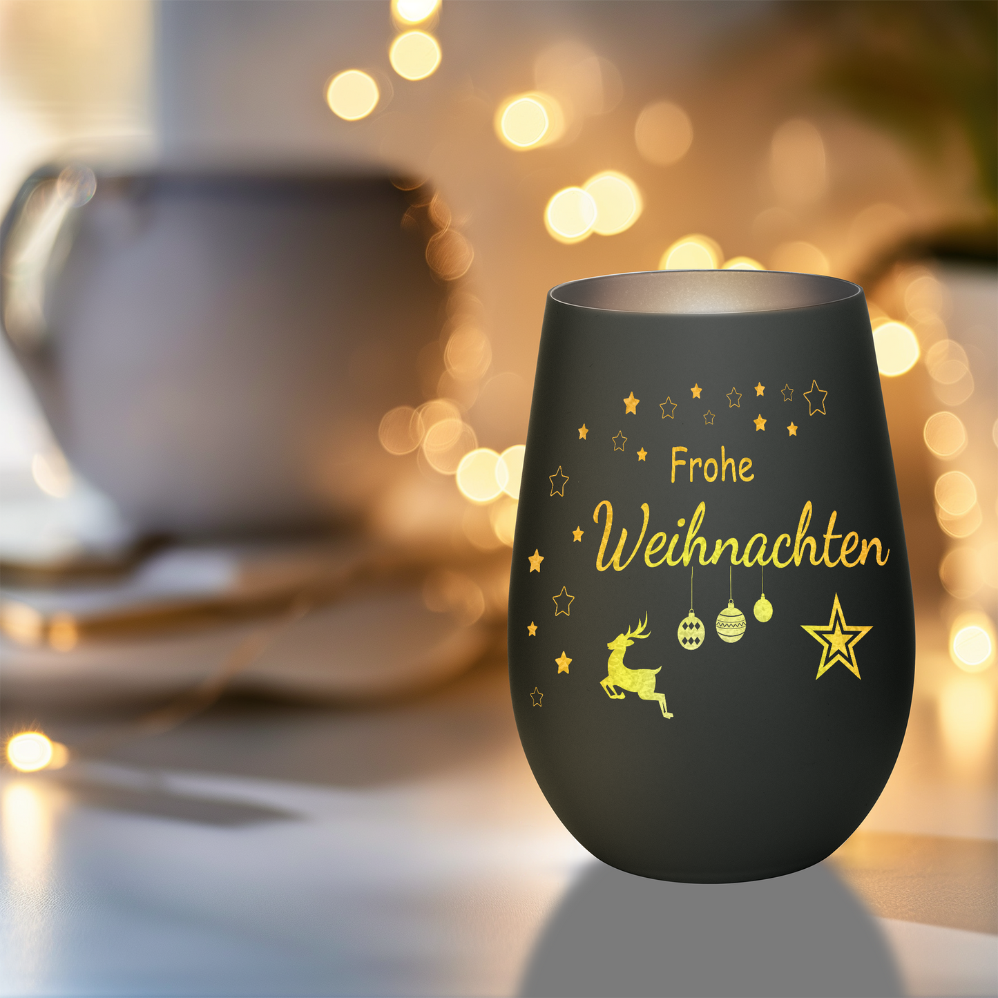 Hochwertiges Glas Windlicht mit Gravur "FROHE WEIHNACHTEN" in der Farbe Schwarz/Silber