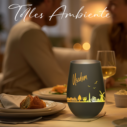 Hochwertiges Glas Windlicht mit Gravur "SKYLINE USEDOM" in der Farbe Schwarz/Silber