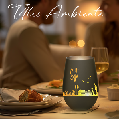 Hochwertiges Glas Windlicht mit Gravur "SKYLINE SYLT" in der Farbe Schwarz/Silber