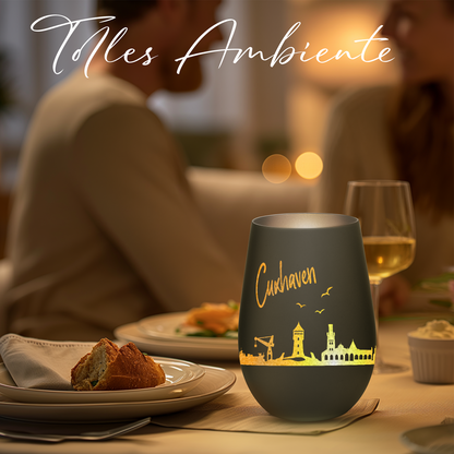 Hochwertiges Glas Windlicht mit Gravur "SKYLINE CUXHAVEN" in der Farbe Schwarz/Silber