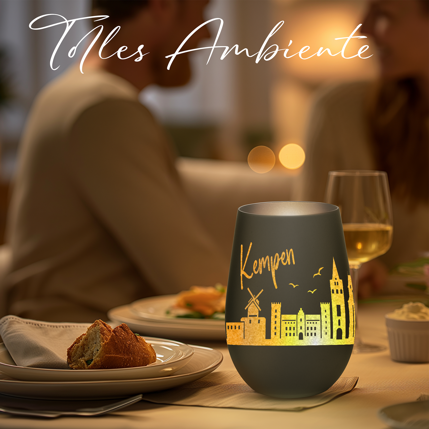 Hochwertiges Glas Windlicht mit Gravur "SKYLINE KEMPEN" in der Farbe Schwarz/Silber