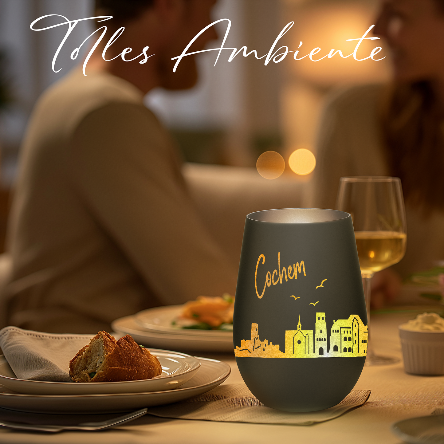Hochwertiges Glas Windlicht mit Gravur "SKYLINE COCHEM" in der Farbe Schwarz/Silber