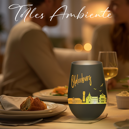 Hochwertiges Glas Windlicht mit Gravur "SKYLINE OLDENBURG" in der Farbe Schwarz/Silber