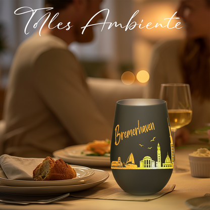 Hochwertiges Glas Windlicht mit Gravur "SKYLINE BREMERHAVEN" in der Farbe Schwarz/Silber