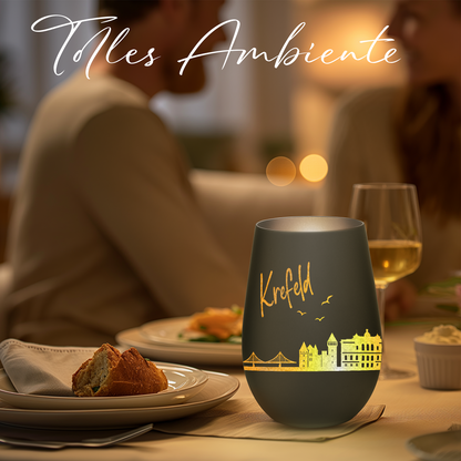Hochwertiges Glas Windlicht mit Gravur "SKYLINE KREFELD" in der Farbe Schwarz/Silber