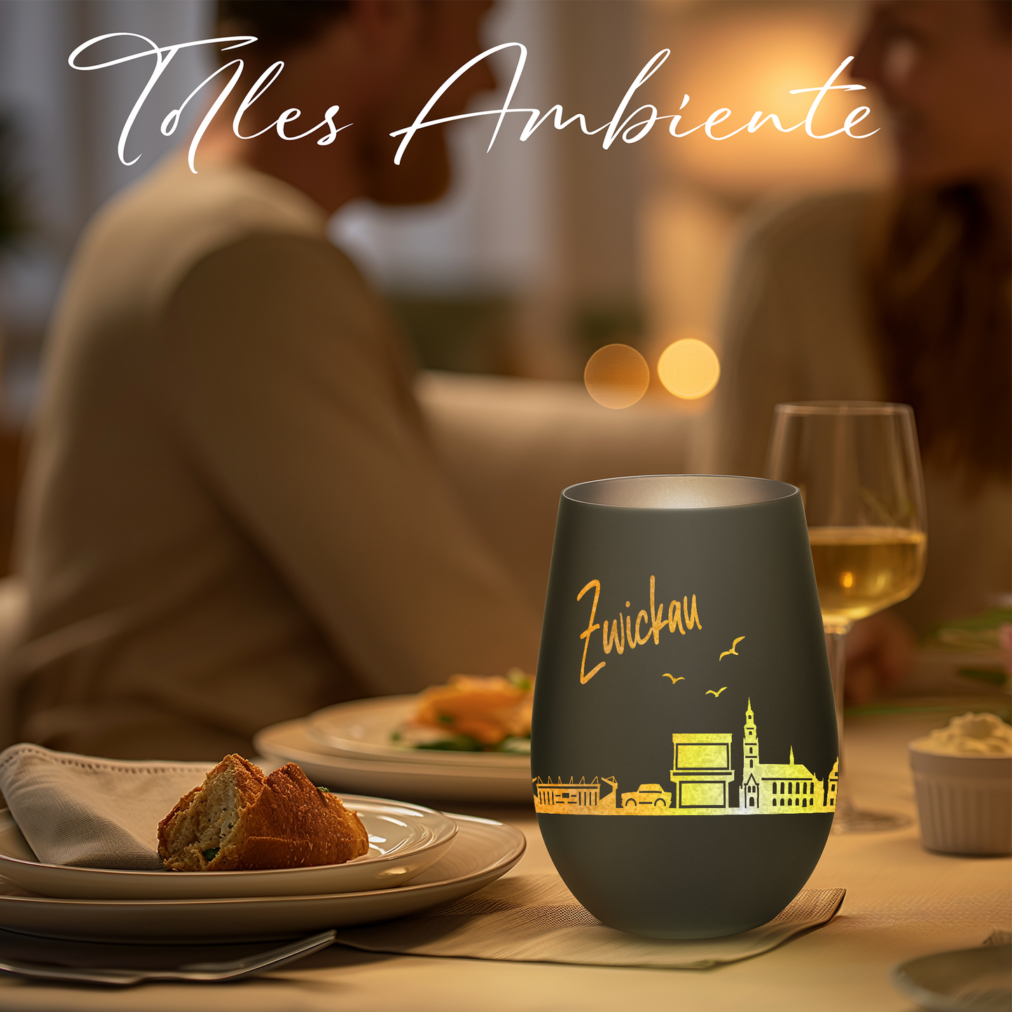 Hochwertiges Glas Windlicht mit Gravur "SKYLINE ZWICKAU" in der Farbe Schwarz/Silber
