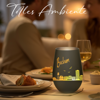 Hochwertiges Glas Windlicht mit Gravur "SKYLINE BOCHUM" in der Farbe Schwarz/Silber