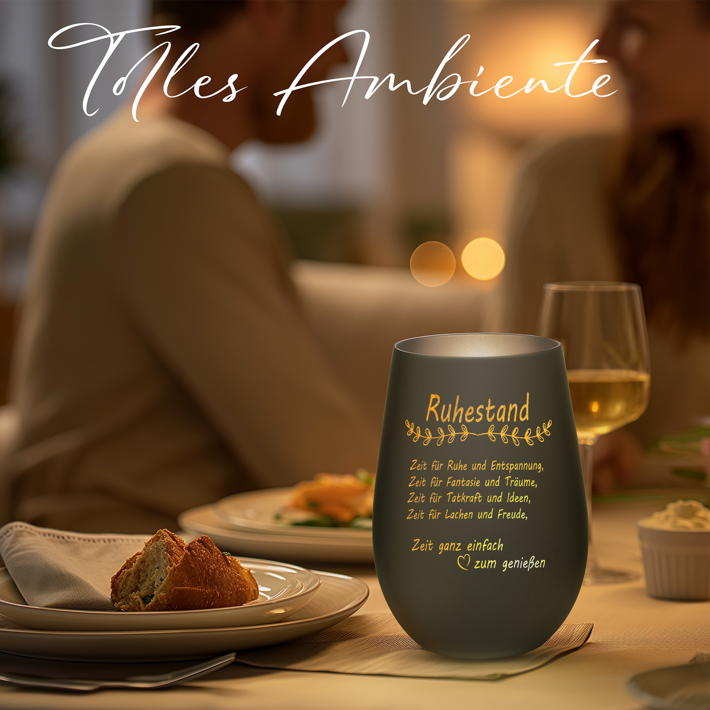 Hochwertiges Glas Windlicht mit Gravur "ALLES GUTE ZUM RUHESTAND" in der Farbe Schwarz/Silber