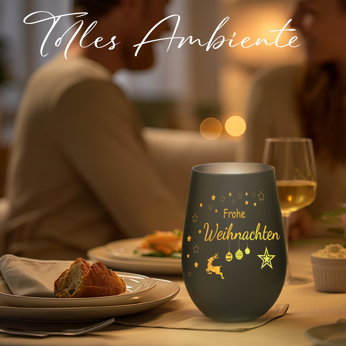 Hochwertiges Glas Windlicht mit Gravur "FROHE WEIHNACHTEN" in der Farbe Schwarz/Silber