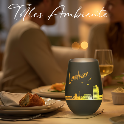 Hochwertiges Glas Windlicht mit Gravur "SKYLINE LEVERKUSEN" in der Farbe Schwarz/Silber