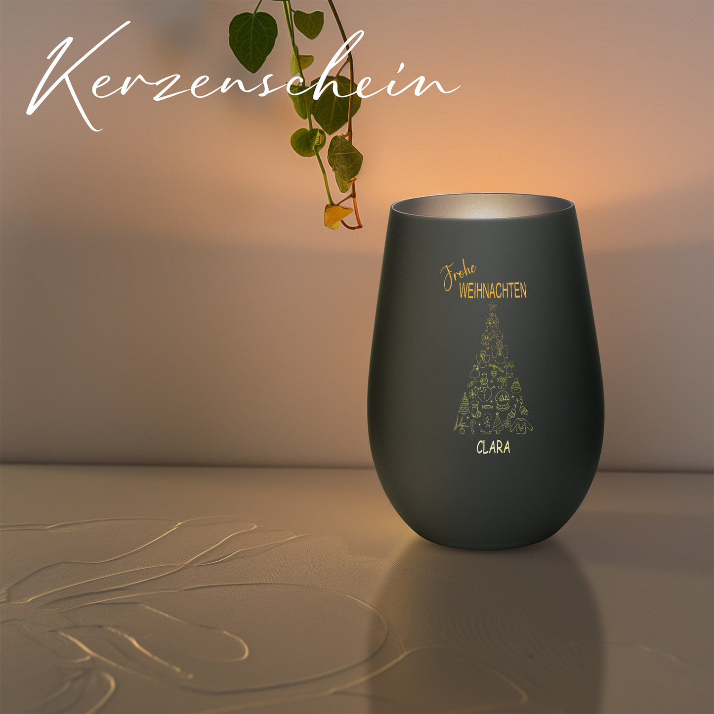 Hochwertiges Glas Windlicht mit Gravur "FROHE WEIHNACHTEN" mit Wunschname in der Farbe Schwarz/Silber