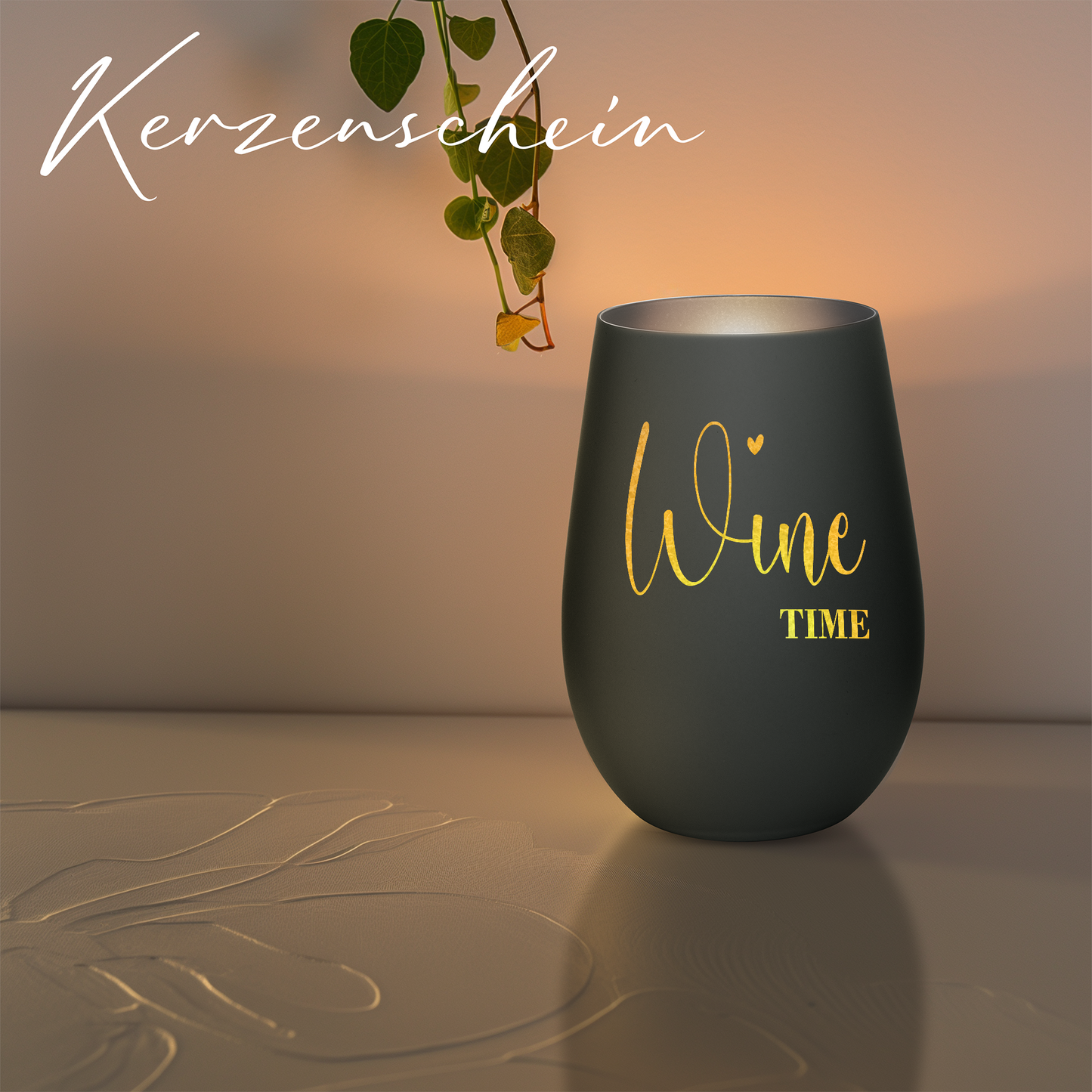 Hochwertiges Glas Windlicht mit Gravur "WINE TIME" in der Farbe Schwarz/Silber