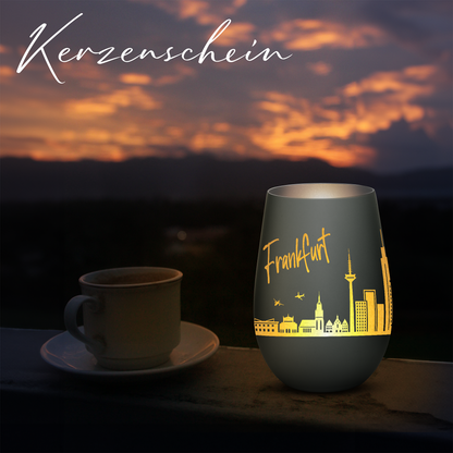 Hochwertiges Glas Windlicht mit Gravur "SKYLINE FRANKFURT" in der Farbe Schwarz/Silber