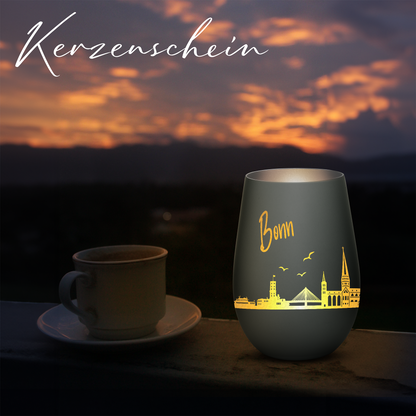 Hochwertiges Glas Windlicht mit Gravur "SKYLINE BONN" in der Farbe Schwarz/Silber