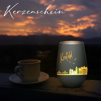 Hochwertiges Glas Windlicht mit Gravur "SKYLINE KREFELD" in der Farbe Schwarz/Silber