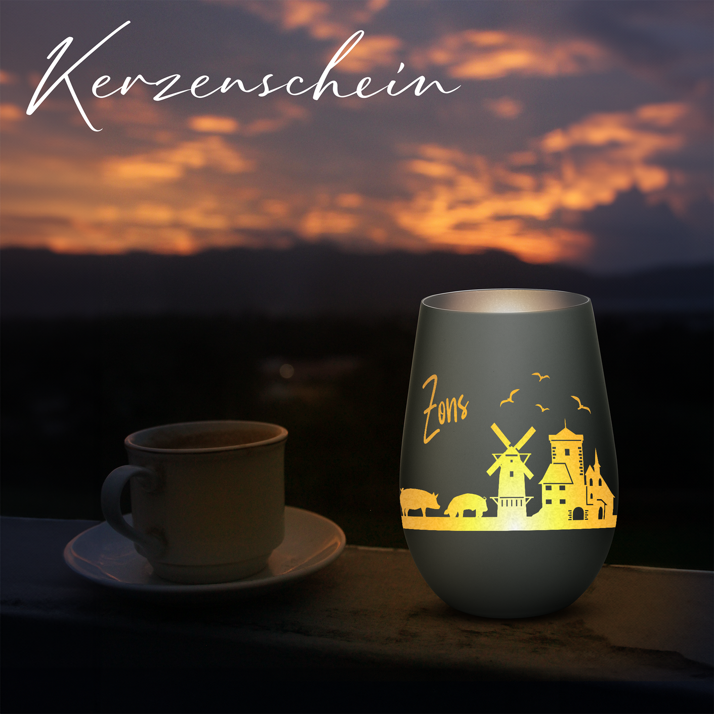 Hochwertiges Glas Windlicht mit Gravur "SKYLINE ZONS (DORMAGEN)" in der Farbe Schwarz/Silber
