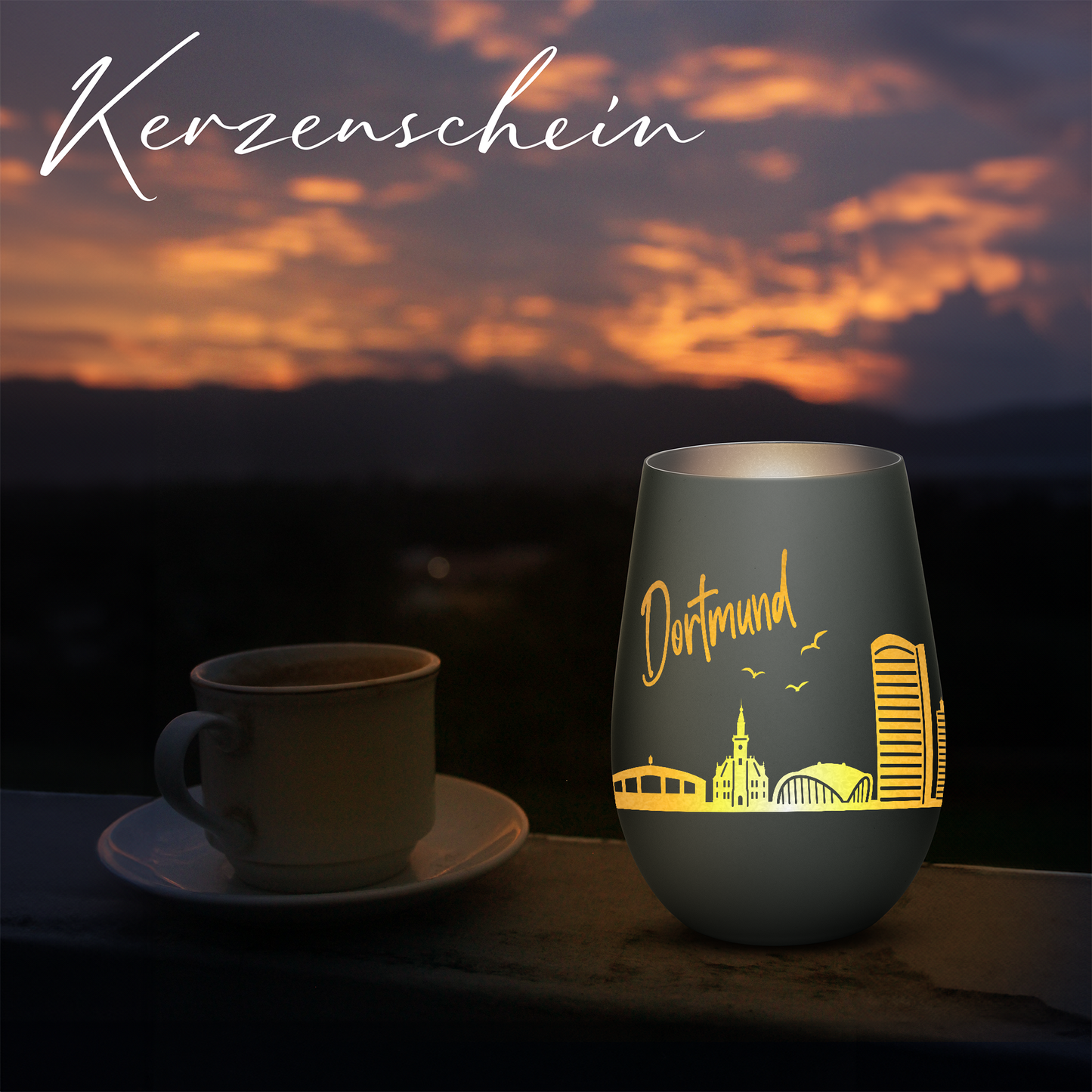 Hochwertiges Glas Windlicht mit Gravur "SKYLINE DORTMUND" in der Farbe Schwarz/Silber