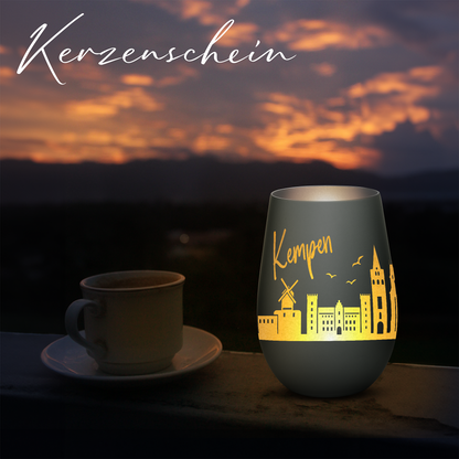 Hochwertiges Glas Windlicht mit Gravur "SKYLINE KEMPEN" in der Farbe Schwarz/Silber