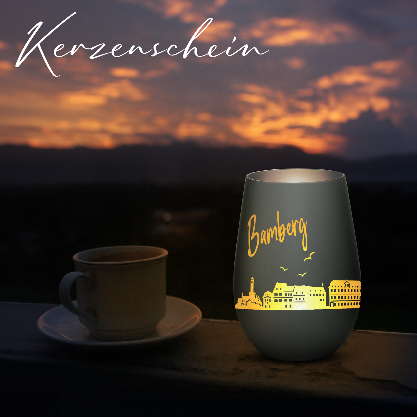 Hochwertiges Glas Windlicht mit Gravur "SKYLINE BAMBERG" in der Farbe Schwarz/Silber