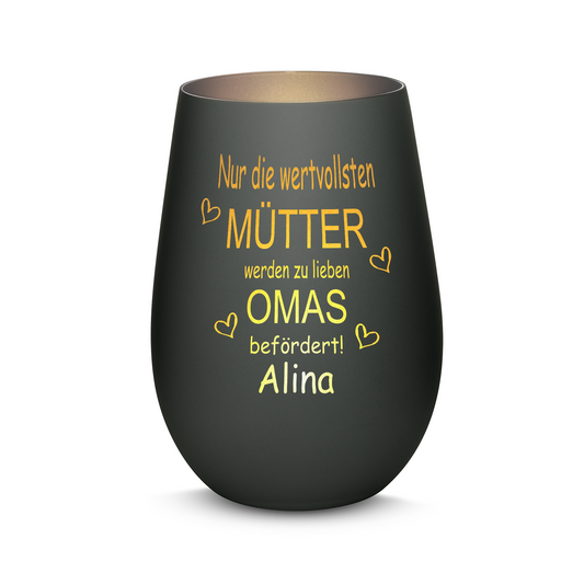 Hochwertiges Glas Windlicht mit Gravur "NUR DIE WERTVOLLSTEN MÜTTER WERDEN ZU LIEBEN OMAS" mit Wunschname in der Farbe Schwarz/Silber