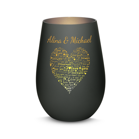 Hochwertiges Glas Windlicht mit Gravur "I LOVE YOU" mit Wunschnamen in der Farbe Schwarz/Silber