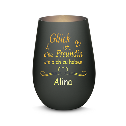 Hochwertiges Glas Windlicht mit Gravur "GLÜCK IST EINE FREUNDIN WIE DICH ZU HABEN" mit Wunschname in der Farbe Schwarz/Silber