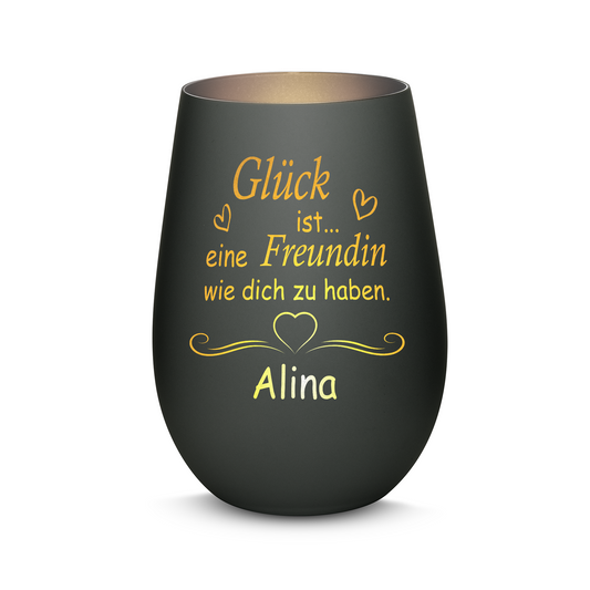 Hochwertiges Glas Windlicht mit Gravur "GLÜCK IST EINE FREUNDIN WIE DICH ZU HABEN" mit Wunschname in der Farbe Schwarz/Silber