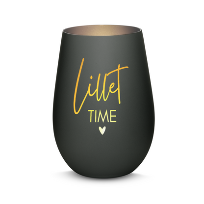 Hochwertiges Glas Windlicht mit Gravur "LILLET TIME" in der Farbe Schwarz/Silber