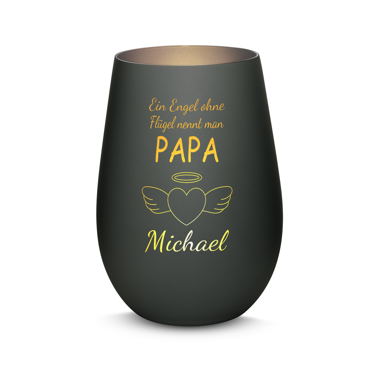 Hochwertiges Glas Windlicht mit Gravur "EIN ENGEL OHNE FLÜGEL NENNT MAN PAPA" mit Wunschname in der Farbe Schwarz/Silber