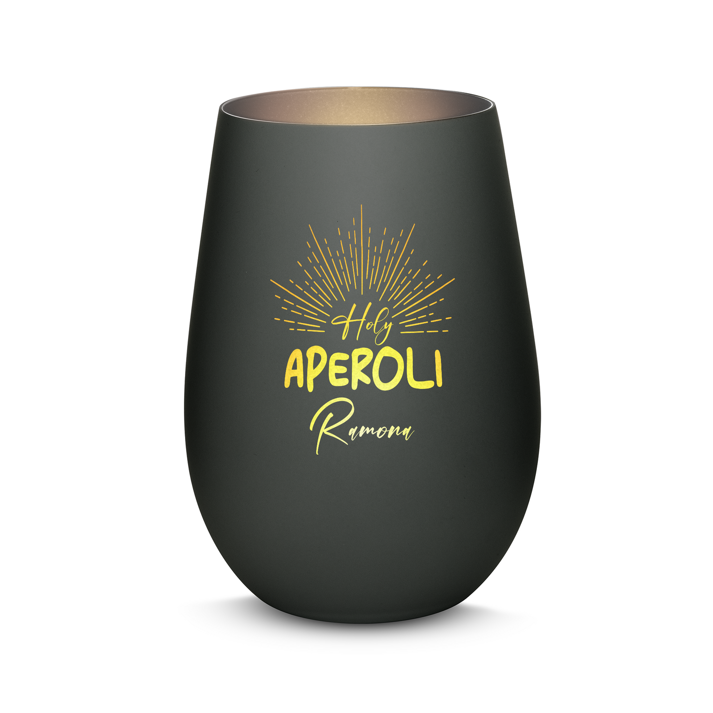 Hochwertiges Glas Windlicht mit Gravur "HOLY APEROLI" mit Wunschname in der Farbe Schwarz/Silber