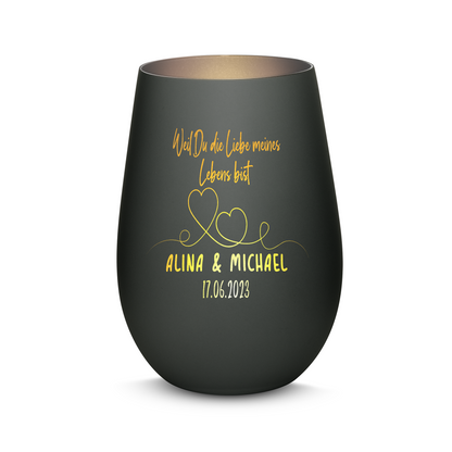 Hochwertiges Glas Windlicht mit Gravur "WEIL DU DIE LIEBE MEINES LEBENS BIST" mit Wunschnamen und Datum in der Farbe Schwarz/Silber