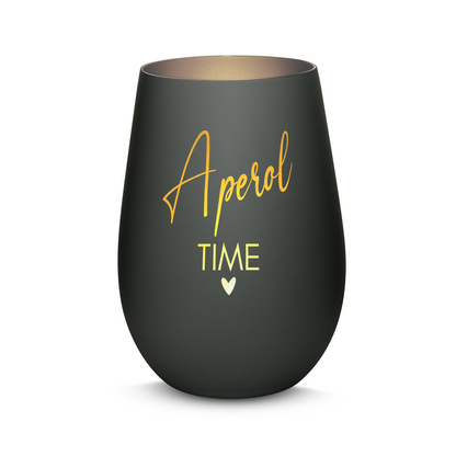 Hochwertiges Glas Windlicht mit Gravur "APEROL TIME" in der Farbe Schwarz/Silber