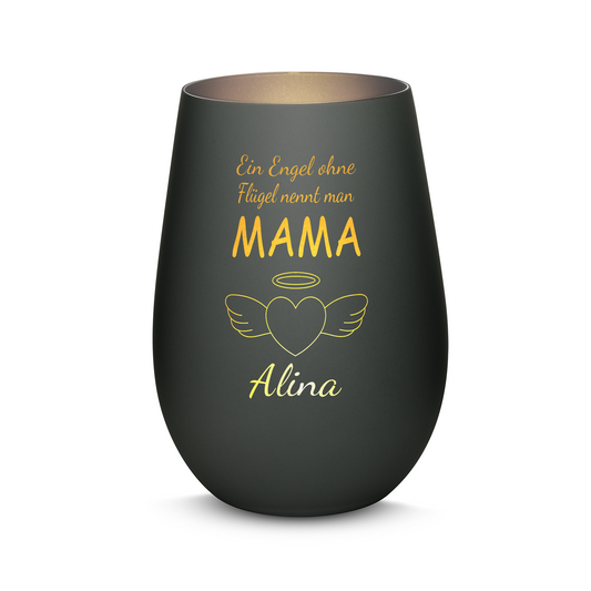 Hochwertiges Glas Windlicht mit Gravur "EIN ENGEL OHNE FLÜGEL NENNT MAN MAMA" mit Wunschname in der Farbe Schwarz/Silber