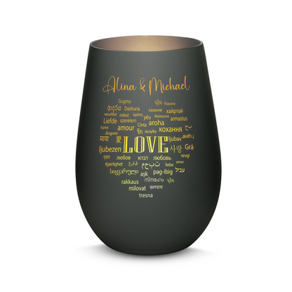 Hochwertiges Glas Windlicht mit Gravur "LIEBE IN ALLEN SPRACHEN" mit Wunschnamen in der Farbe Schwarz/Silber