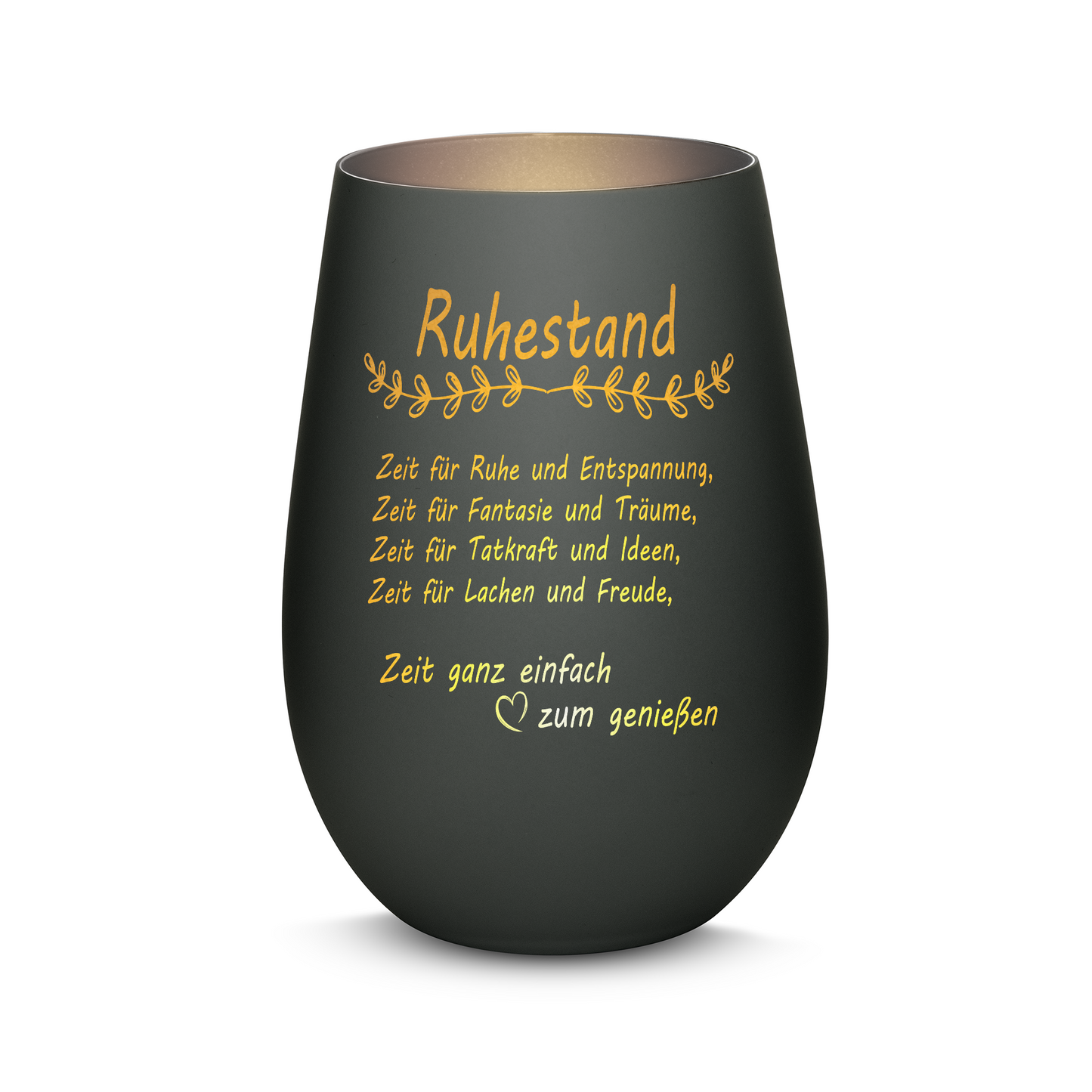 Hochwertiges Glas Windlicht mit Gravur "ALLES GUTE ZUM RUHESTAND" in der Farbe Schwarz/Silber