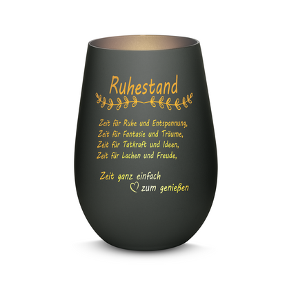 Hochwertiges Glas Windlicht mit Gravur "ALLES GUTE ZUM RUHESTAND" in der Farbe Schwarz/Silber