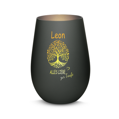 Hochwertiges Glas Windlicht mit Gravur "ALLES LIEBE ZUR TAUFE" mit Wunschname in der Farbe Schwarz/Silber