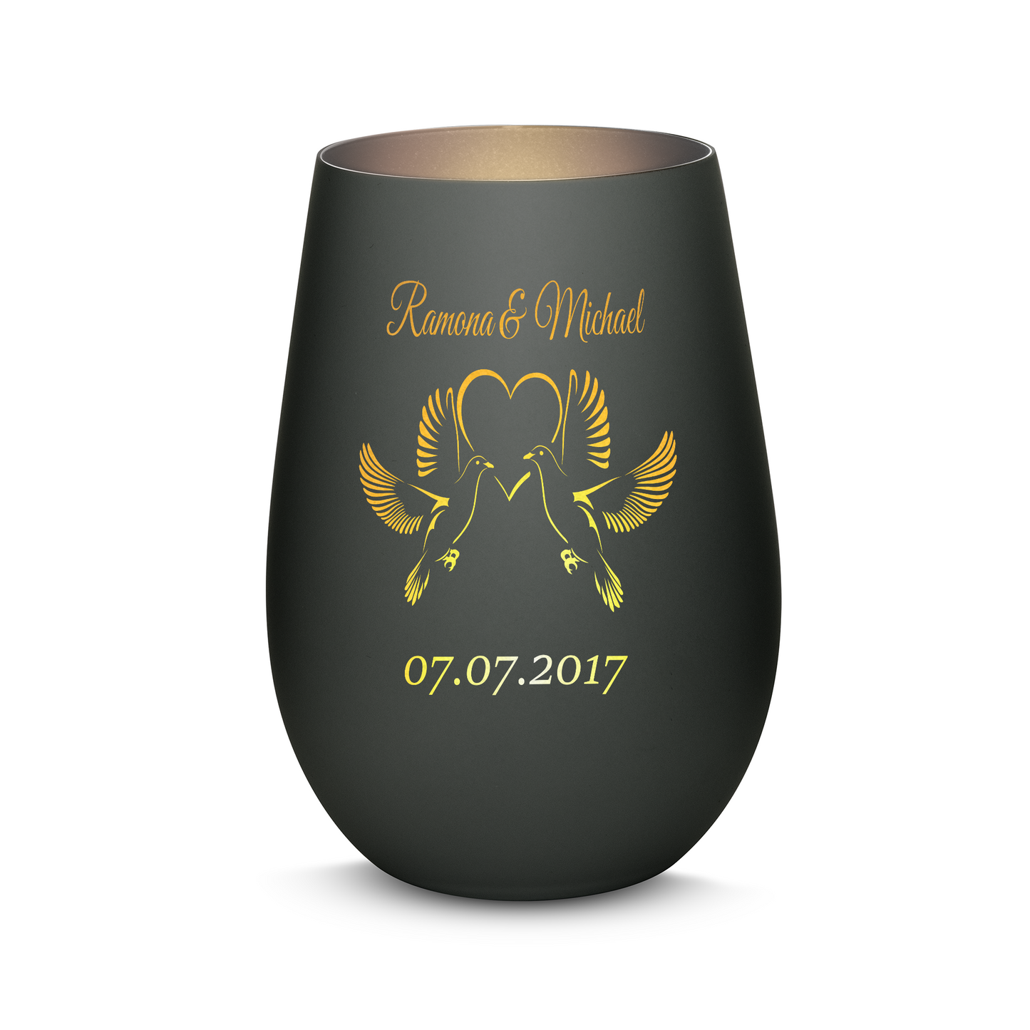 Hochwertiges Glas Windlicht mit Gravur "LIEBESGLAS TAUBEN" mit Wunschnamen und Datum in der Farbe Schwarz/Silber