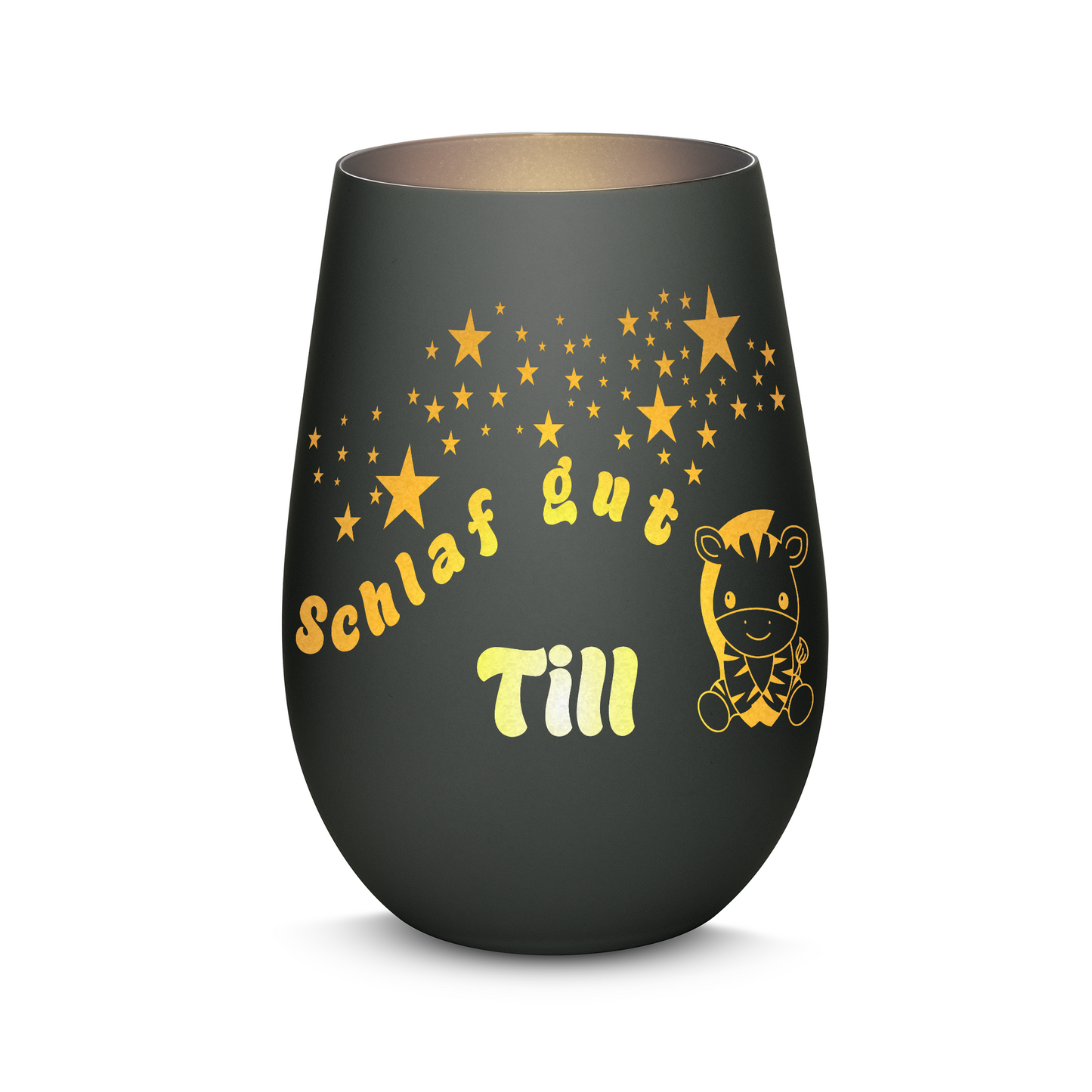 Hochwertiges Glas Windlicht für Kinder mit Gravur "SCHLAF GUT" Motiv Zebra mit Wunschname in der Farbe Schwarz/Silber