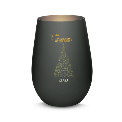 Hochwertiges Glas Windlicht mit Gravur "FROHE WEIHNACHTEN" mit Wunschname in der Farbe Schwarz/Silber