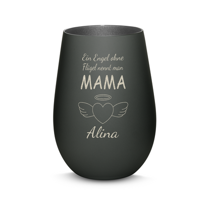 Hochwertiges Glas Windlicht mit Gravur "EIN ENGEL OHNE FLÜGEL NENNT MAN MAMA" mit Wunschname in der Farbe Schwarz/Silber