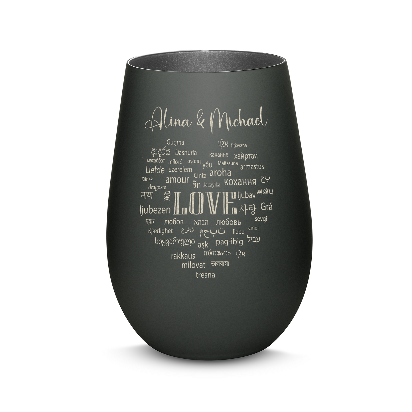 Hochwertiges Glas Windlicht mit Gravur "LIEBE IN ALLEN SPRACHEN" mit Wunschnamen in der Farbe Schwarz/Silber