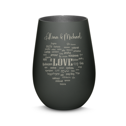 Hochwertiges Glas Windlicht mit Gravur "LIEBE IN ALLEN SPRACHEN" mit Wunschnamen in der Farbe Schwarz/Silber