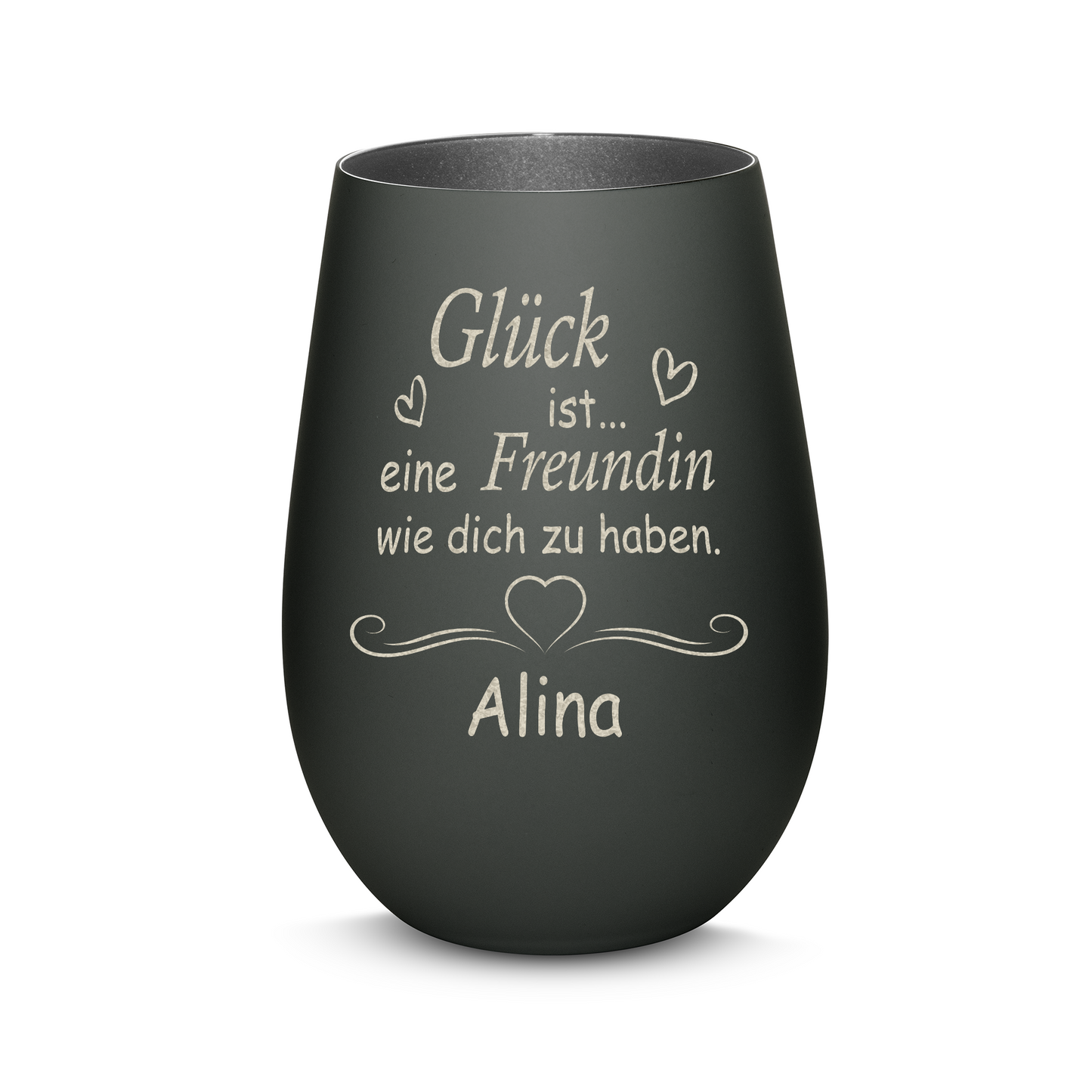 Hochwertiges Glas Windlicht mit Gravur "GLÜCK IST EINE FREUNDIN WIE DICH ZU HABEN" mit Wunschname in der Farbe Schwarz/Silber