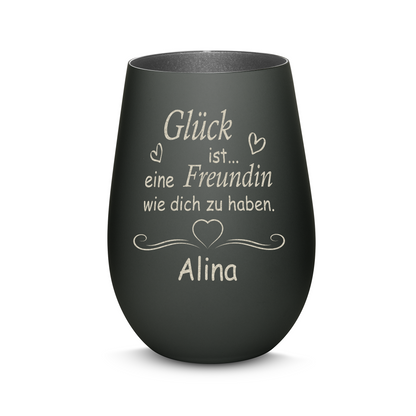 Hochwertiges Glas Windlicht mit Gravur "GLÜCK IST EINE FREUNDIN WIE DICH ZU HABEN" mit Wunschname in der Farbe Schwarz/Silber